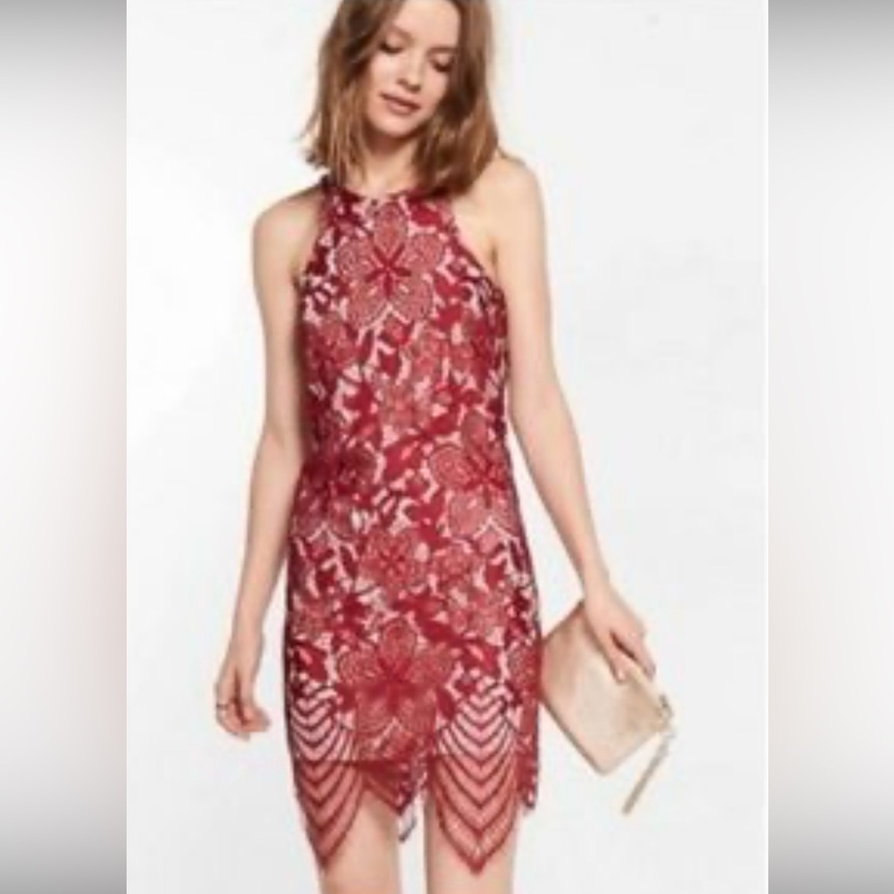 Express Red Crochet over Beige Layered Dress Short Cocktail Party Size Medium